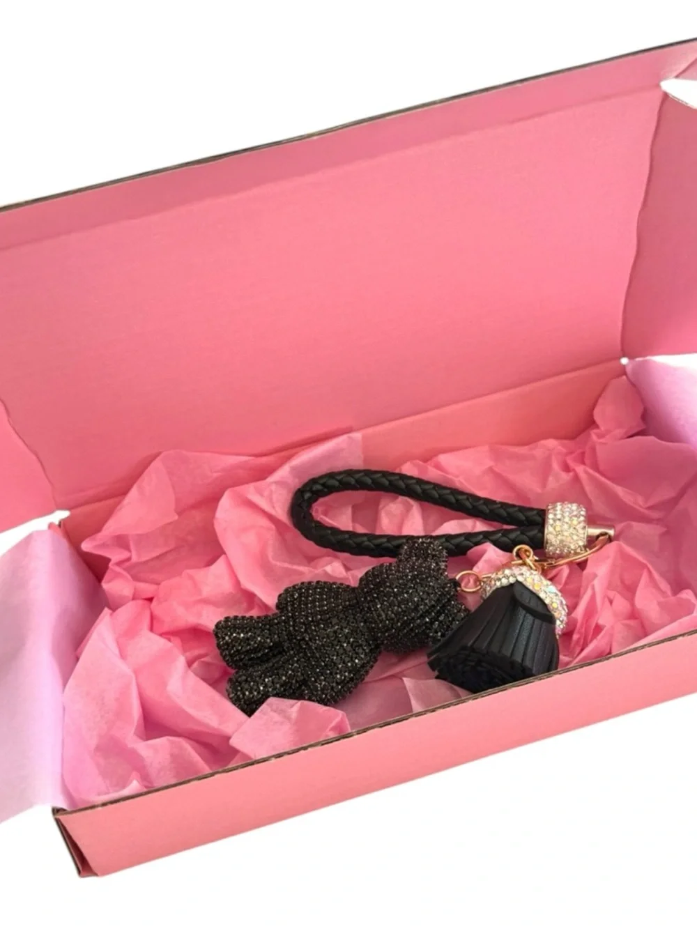Rhinestone Bear Keychain AB Crystal White Braided Strap Tassel Bag Charm